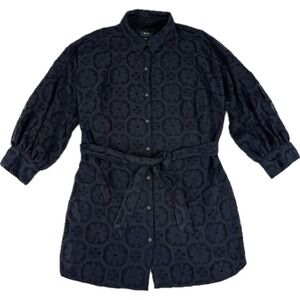 Maeve Anthropologie Dress Womens 2X Navy Belted Shirtdress Floral Lace